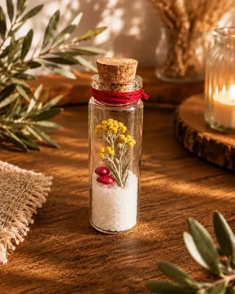 Fiole Eterna : sel blanc, deux grains de corail rouge et un brin d'immortelle jaune, bouchon de liège noué de fil rouge.